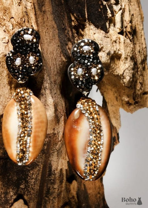 Pendientes bohemios, pendientes colgantes, concha marrón diamante